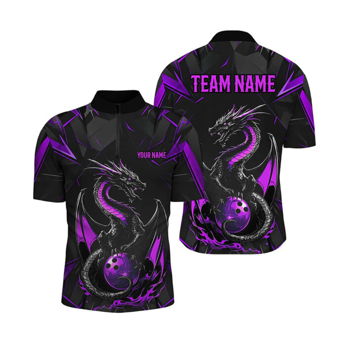 Custom Black And Purple Dragon Bowling Shirts For Men