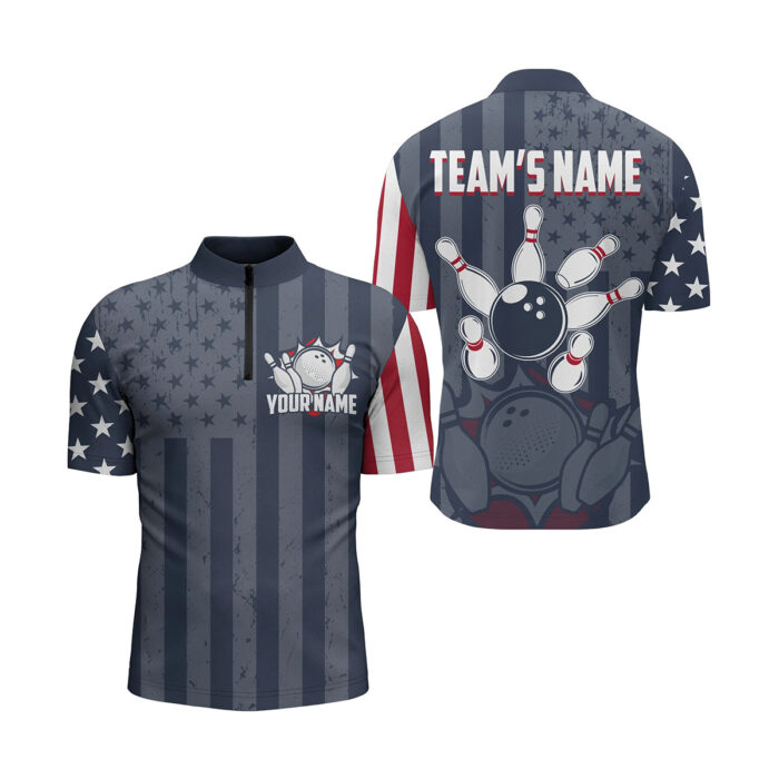 Custom Bowling Quarter Zip Shirt For Men USA Flag Bowling Jersey